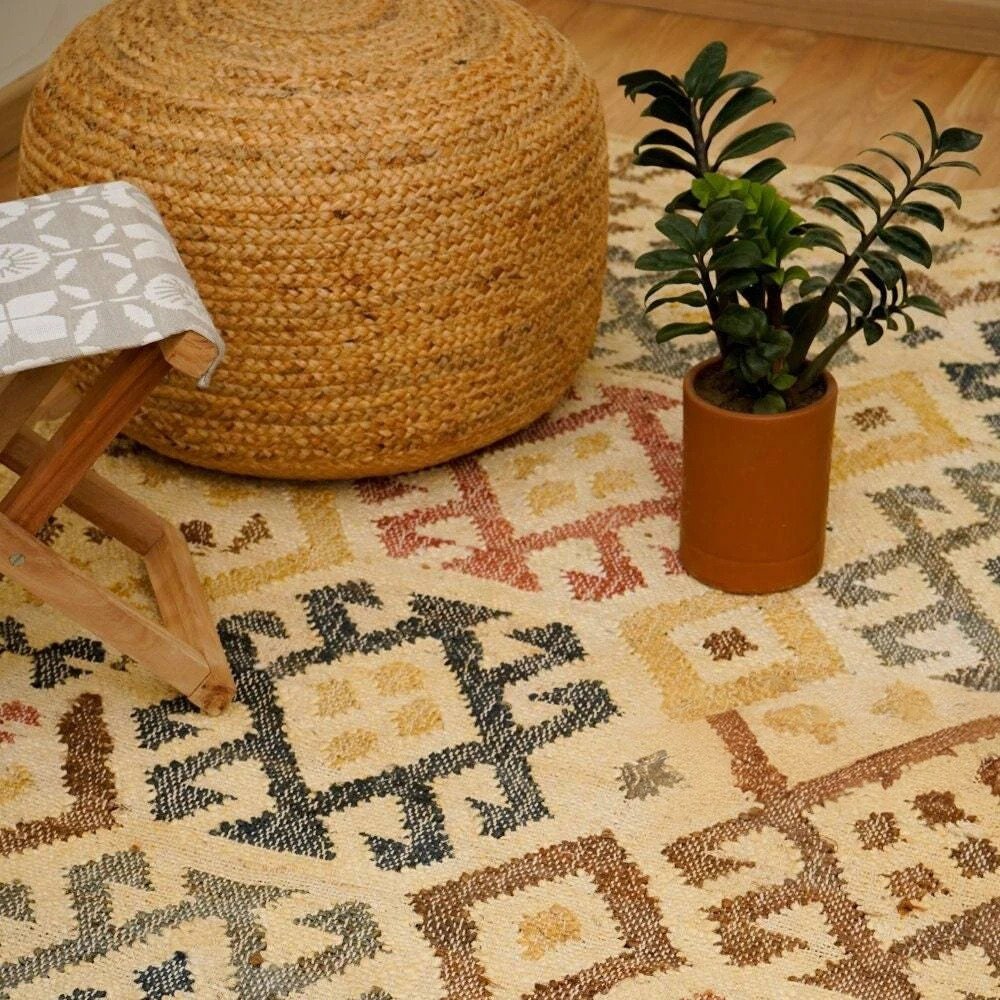 Beżowy, aztecki dywan z bawełny i juty Beżowy, aztecki dywan z bawełny i juty - obrazek 2
