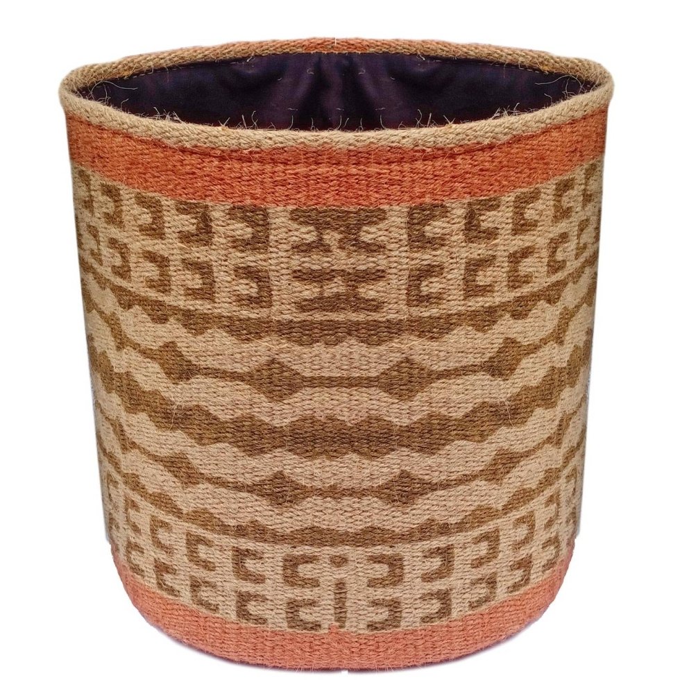 Okrągły kosz z juty kilim z pomarańczową obwódką - obrazek 2