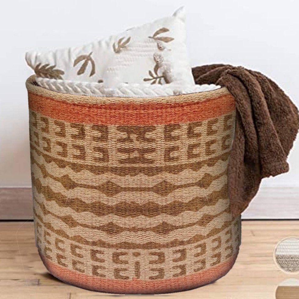 Okrągły kosz z juty kilim z pomarańczową obwódką - obrazek 4