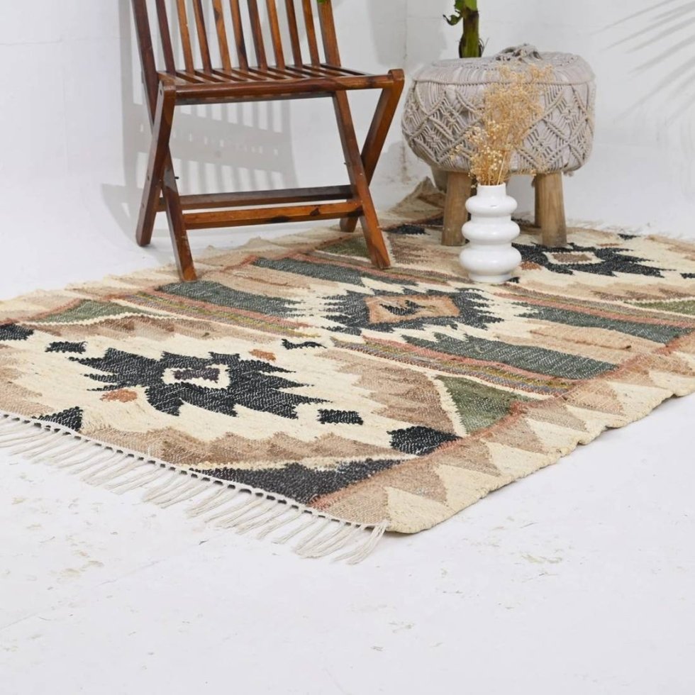 Dywan kilim z bawełny i juty w stylu vintage