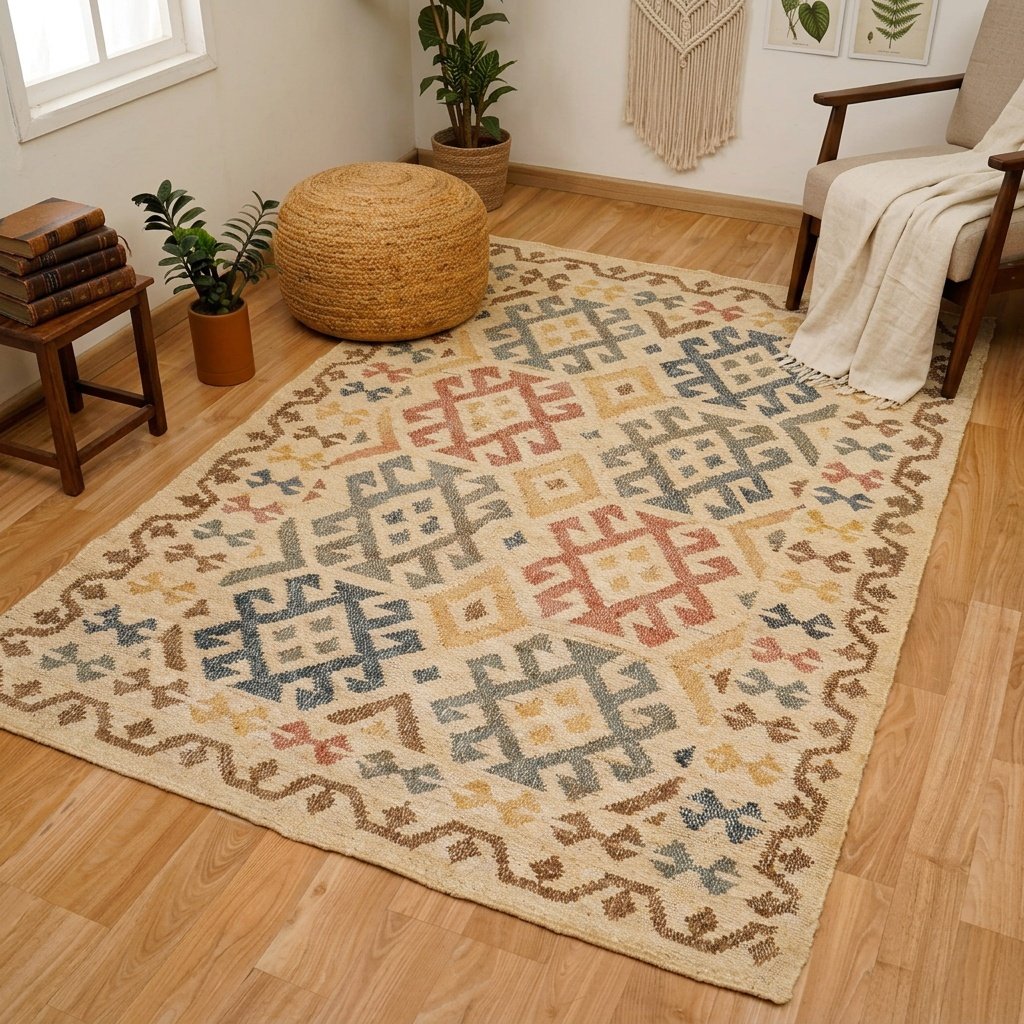 Beżowy dywan aztecki z bawełny i juty Beige aztec cotton and jute rug