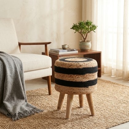 Black and natural braided jute ottoman
