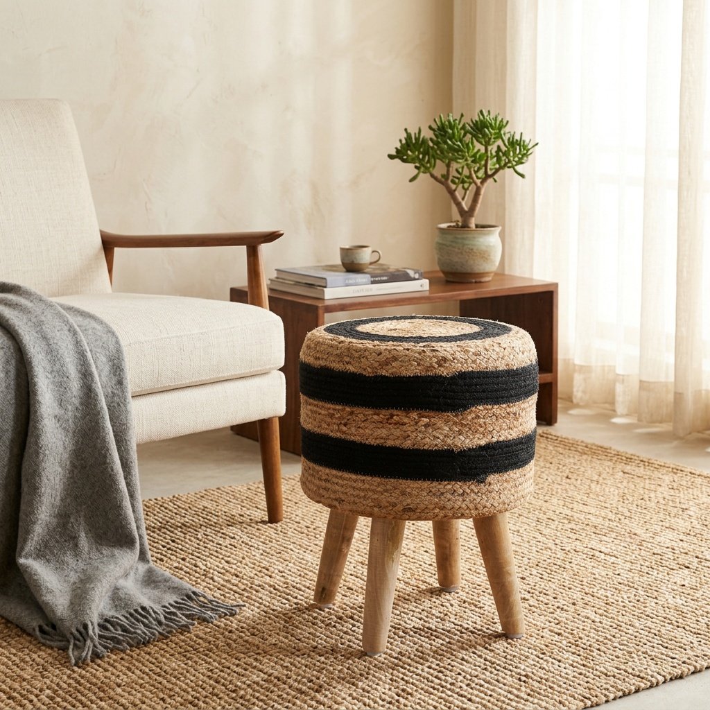 Pleciona otomana z juty w kolorze czarnym i naturalnym Black and natural braided jute ottoman