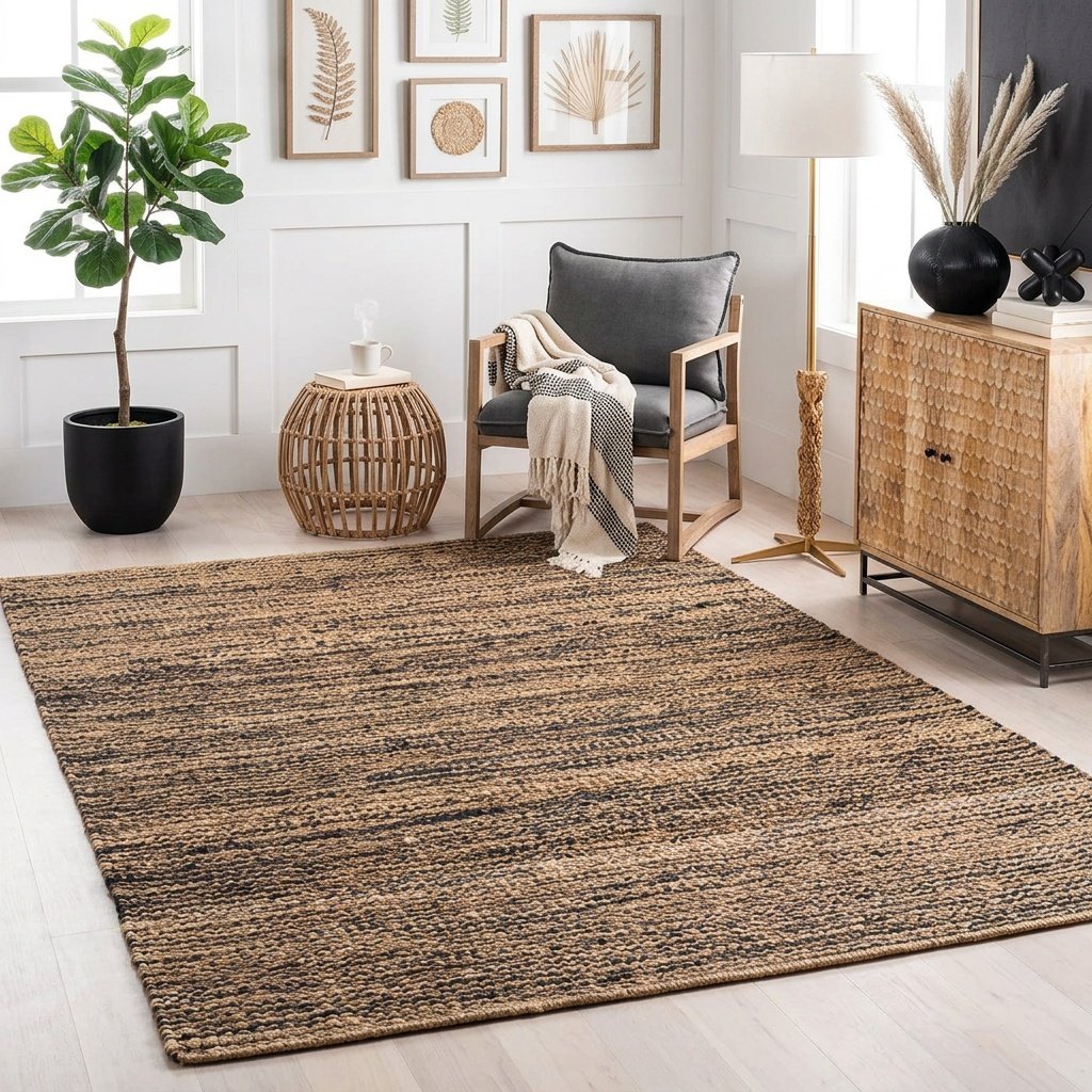 Czarny i naturalny dywan z juty konopnej Black and natural hemp jute rug