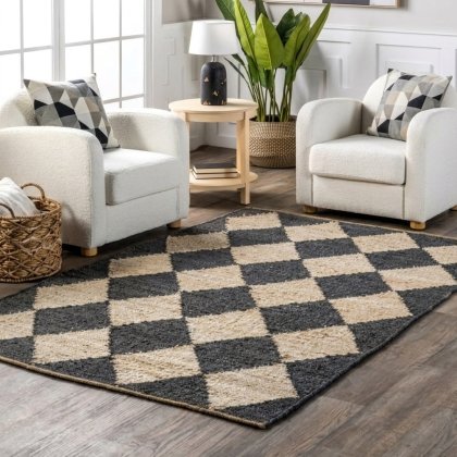 Black and white diamond checkered jute rug