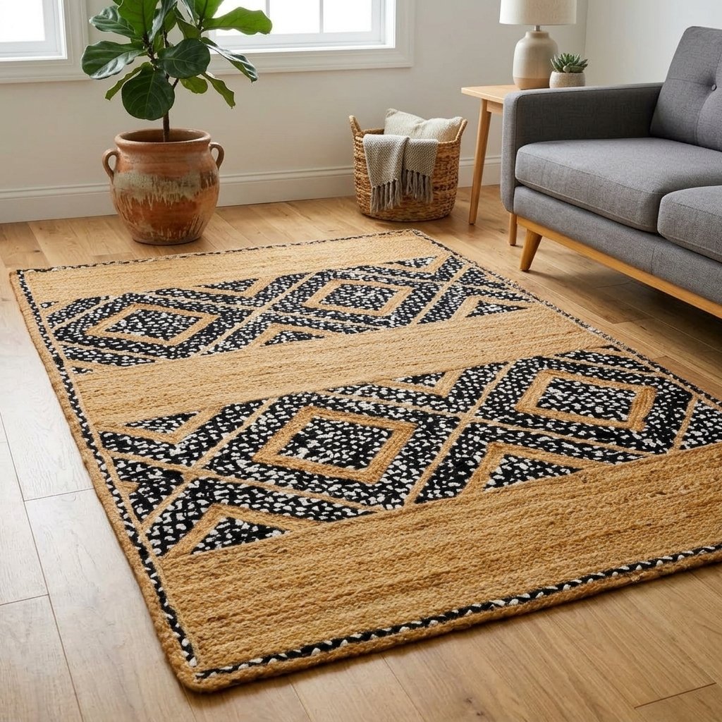Dywan z bawełnianej juty w czarno-białe romby Black and white diamond cotton jute rug