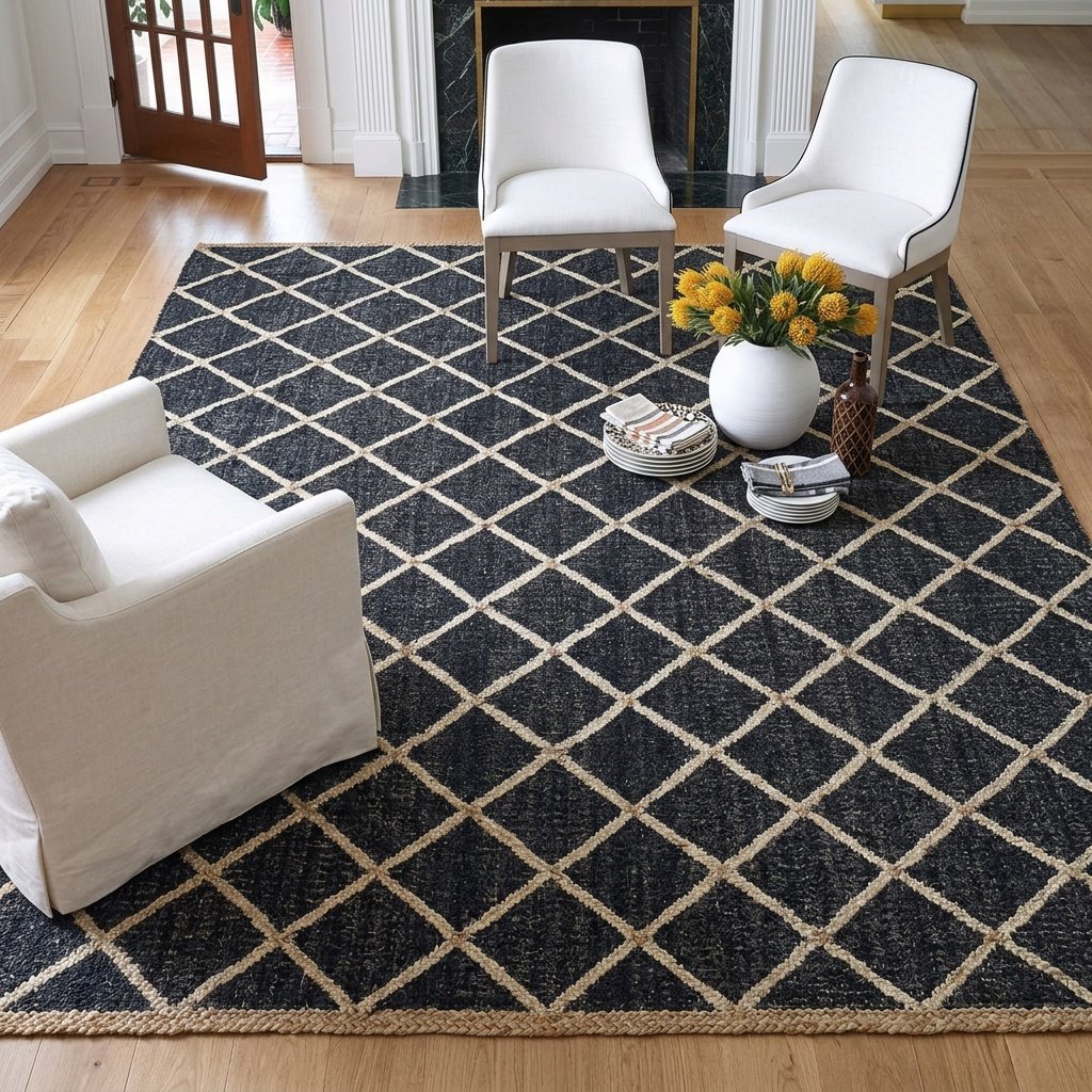 Dywan z juty bawełnianej w czarne romby Black diamond cotton jute area rug
