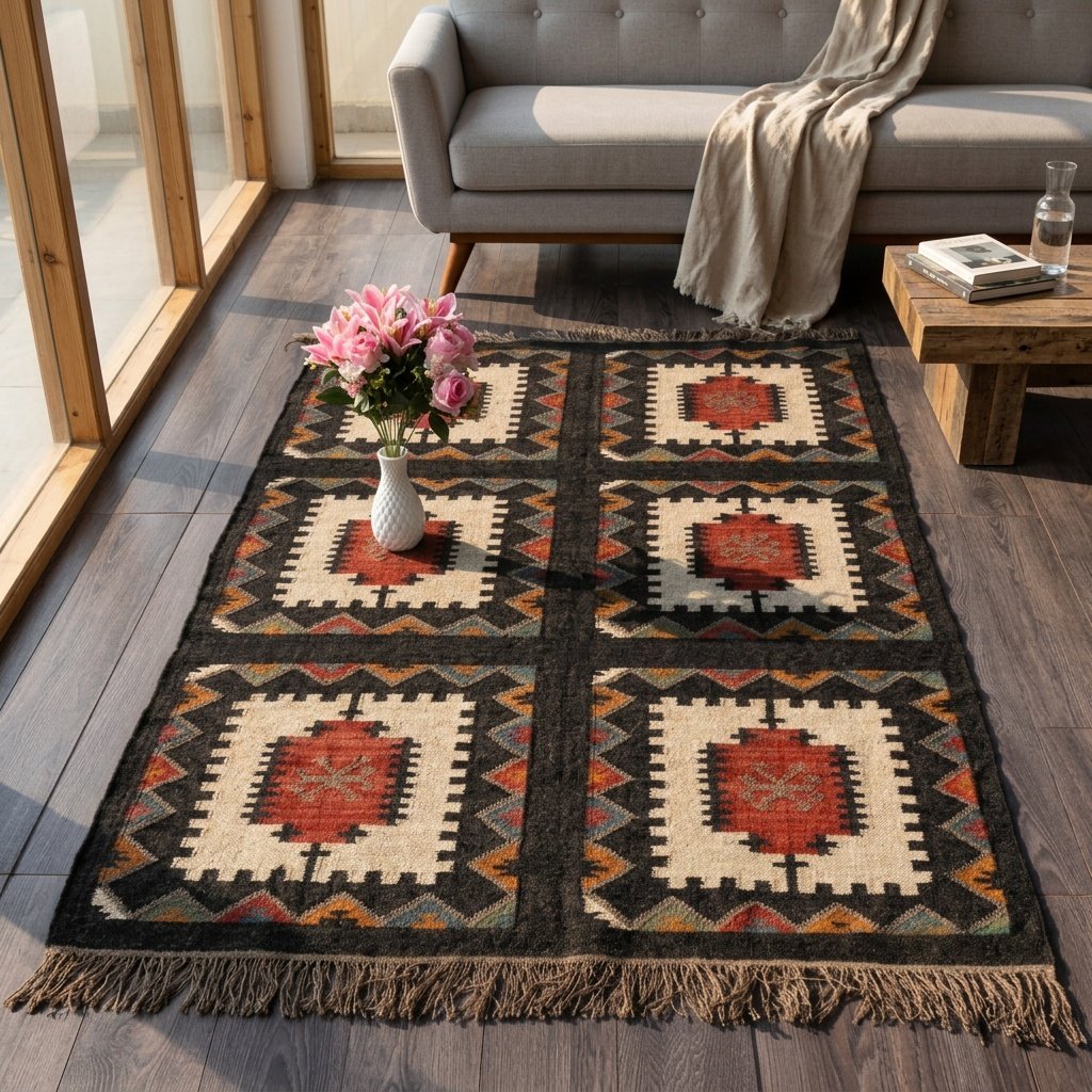 Czarny dywan kilim z wełny i juty Black wool and jute kilim rug