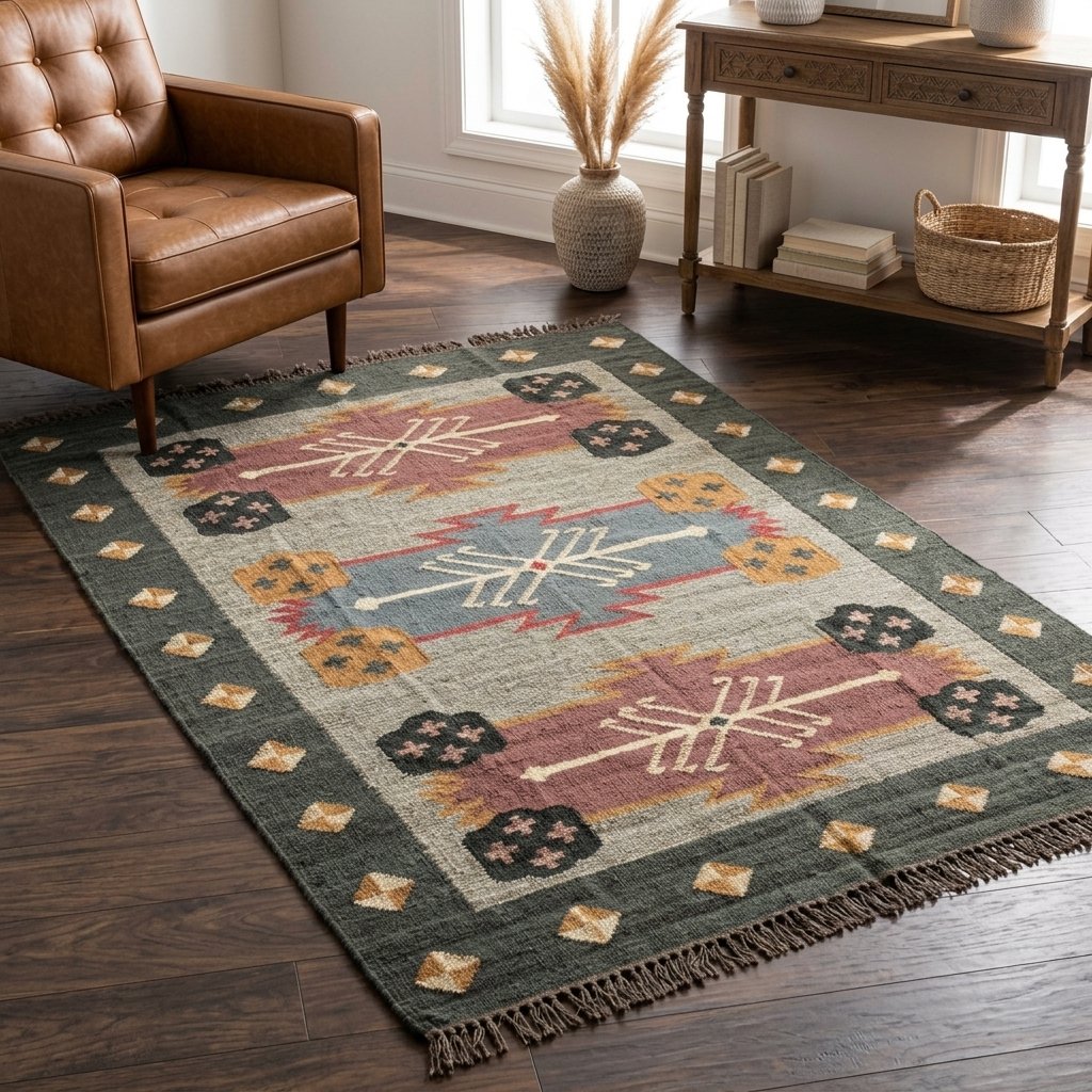 Boho wełniany dywan kilim z juty Boho wool jute kilim rug