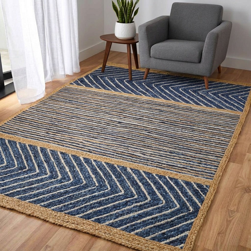 Pleciony niebieski dywan z juty w jodełkę i paski Braided blue chevron and striped jute rug