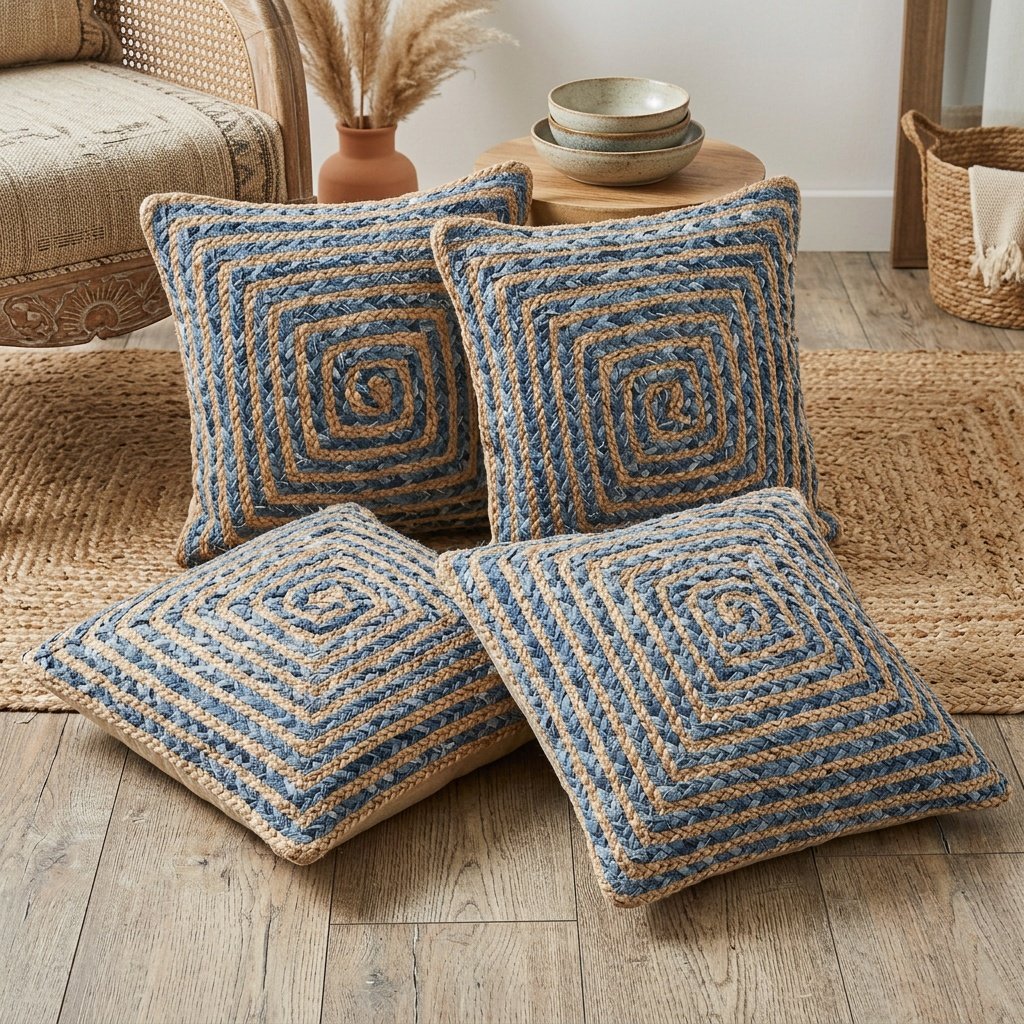 Zestaw poduszek z plecionej dżinsowej juty Braided denim jute pillows set