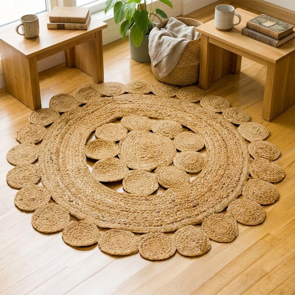 Pleciony, okrągły dywan z juty z wyciętymi kwiatami Braided round cut-out flower jute rug