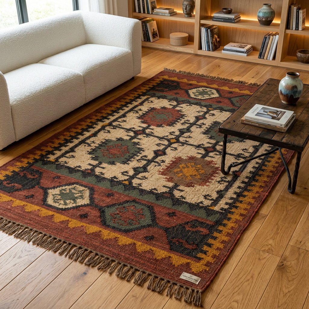 Brązowy dywan z wełny navajo i juty Brown navajo wool and jute rug