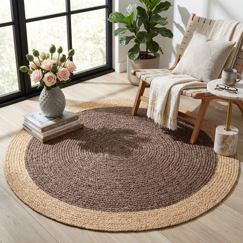 Czekoladowo-brązowy okrągły dywan jutowy z beżową obwódką Chocolate brown round jute rug with beige border
