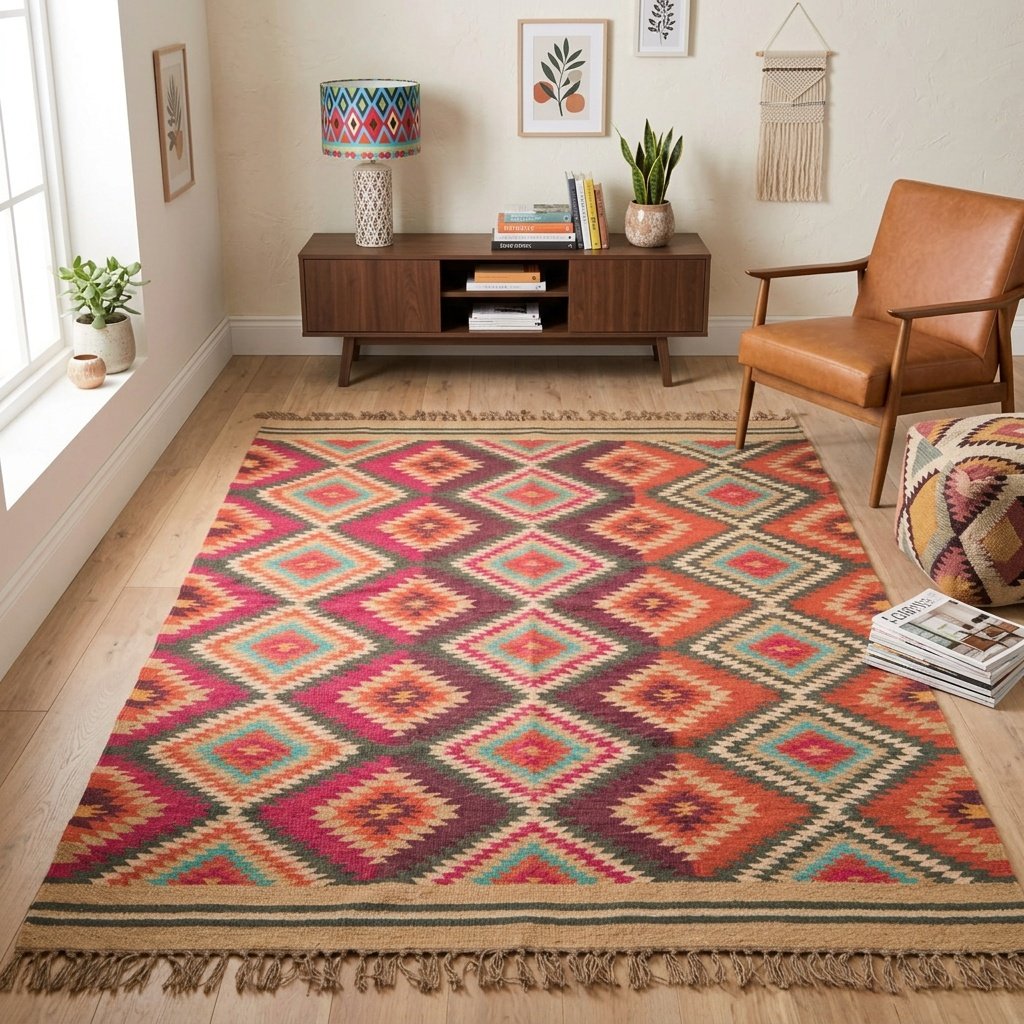 Dywan z wełny i juty w kolorowe romby Coloured diamond wool and jute rug