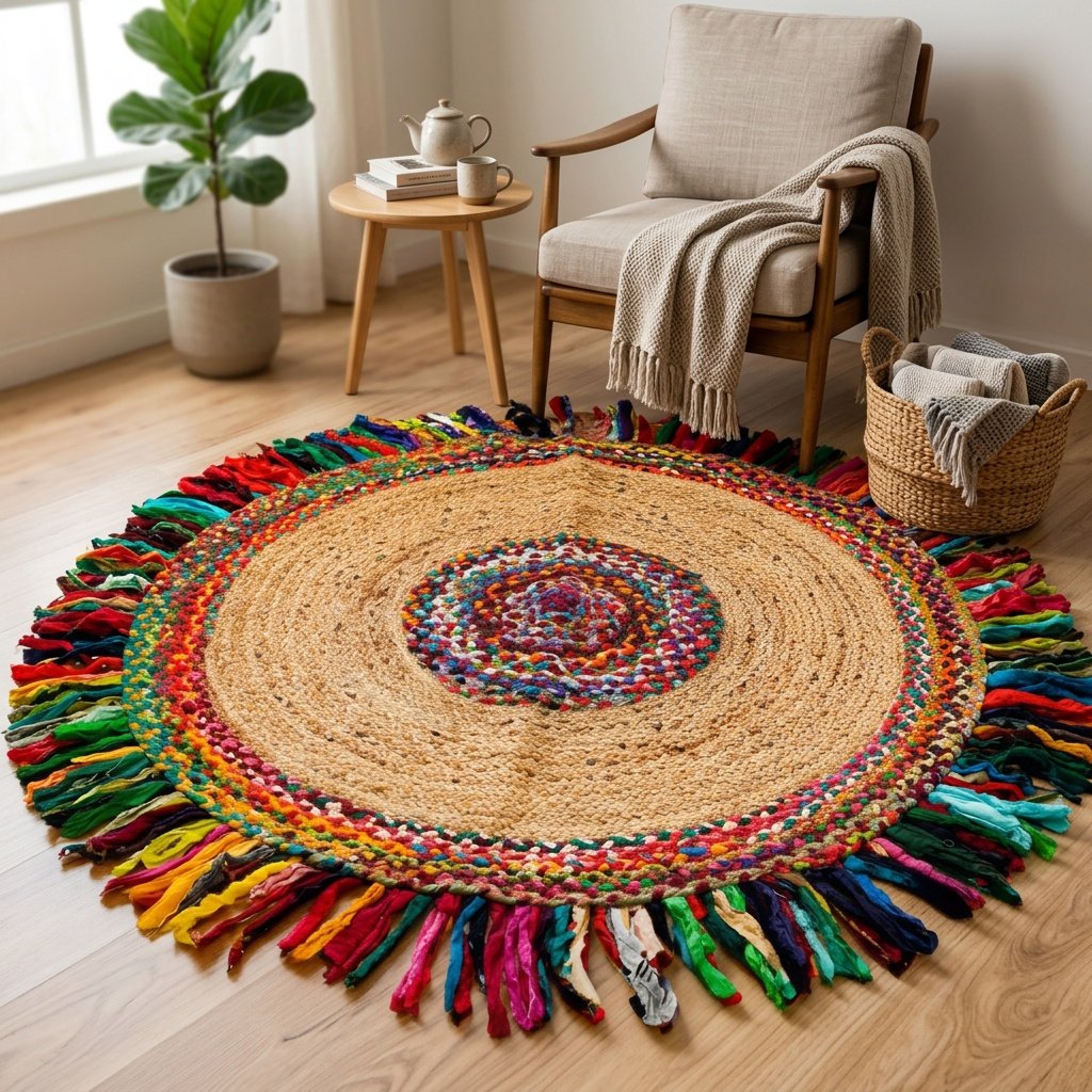 Okrągły dywan z bawełnianej juty z wielokolorowymi frędzlami Cotton jute rug round with multicolor tassels