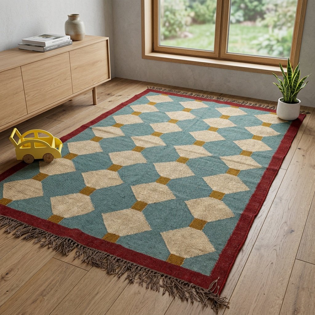 Zielony tkany dywan z wełny i juty Green woven wool and jute rug