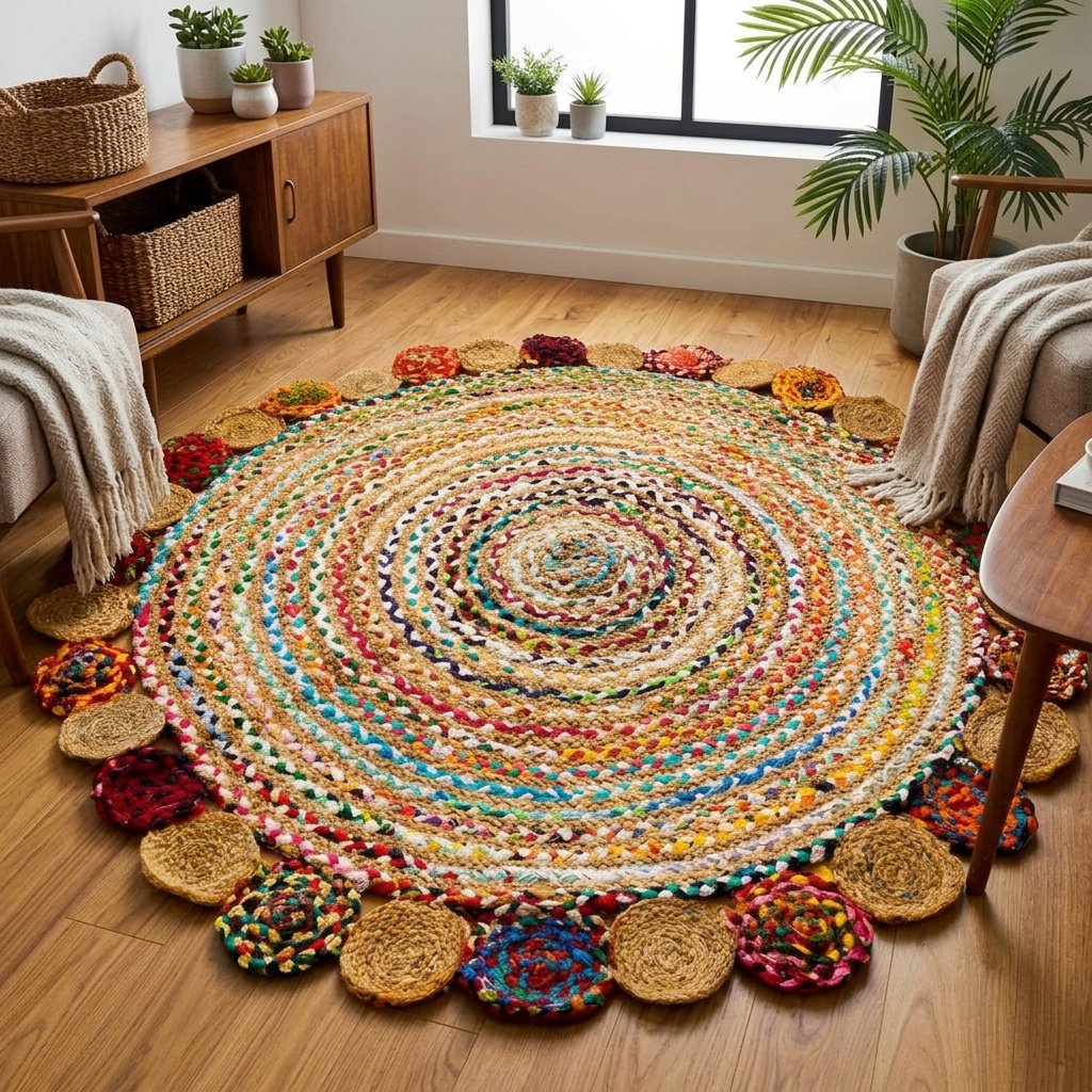Ręcznie pleciony okrągły dywan chindi Hand braided chindi round rug