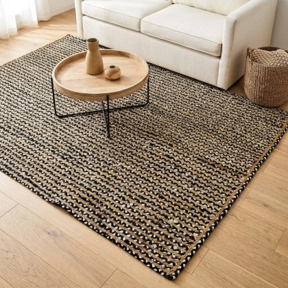 Handmade black and white cotton jute rug