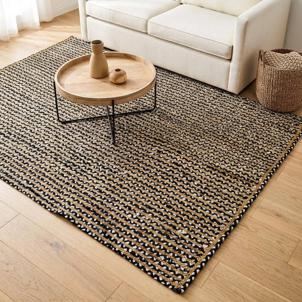 Ręcznie robiony dywan bawełniany z juty w kolorze czarno-białym Handmade black and white cotton jute rug