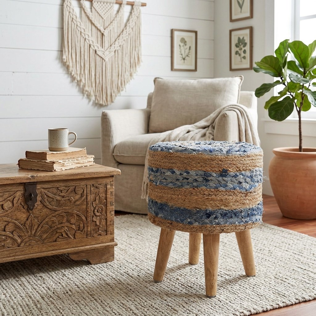 Ręcznie robiony pleciony puf ottoman z denimu i juty Handmade braided denim and jute pouf ottoman