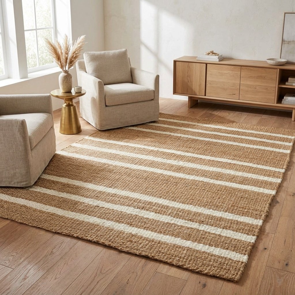 Dywan z konopi i juty w białe paski Hemp and jute rug with white stripes