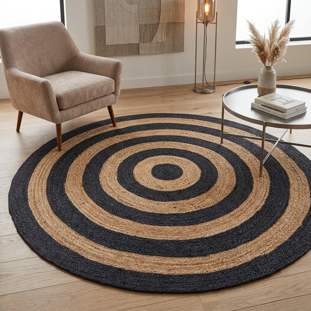 Okrągły dywan jutowy w naturalnym kolorze z czarnym wzorem target Natural and black target jute round rug