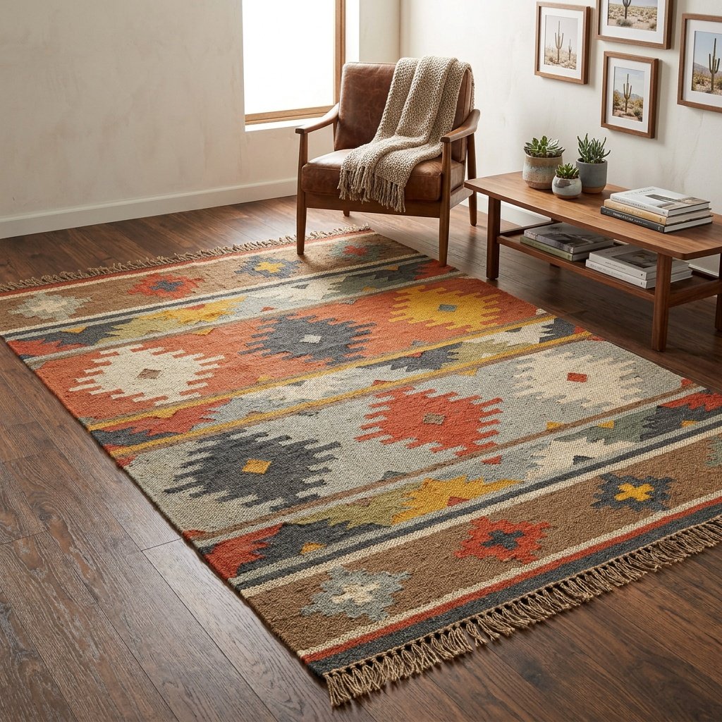 Dywan kilim z wełny i juty Navajo Navajo wool and jute area kilim rug