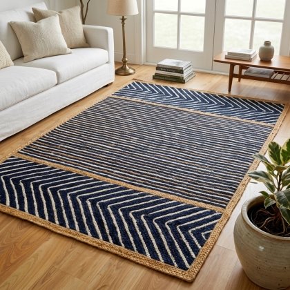 Navy and white striped jute area rug