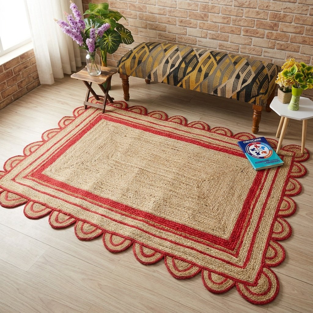 Dywan jutowy z czerwoną krawędzią Red scalloped edge jute rug