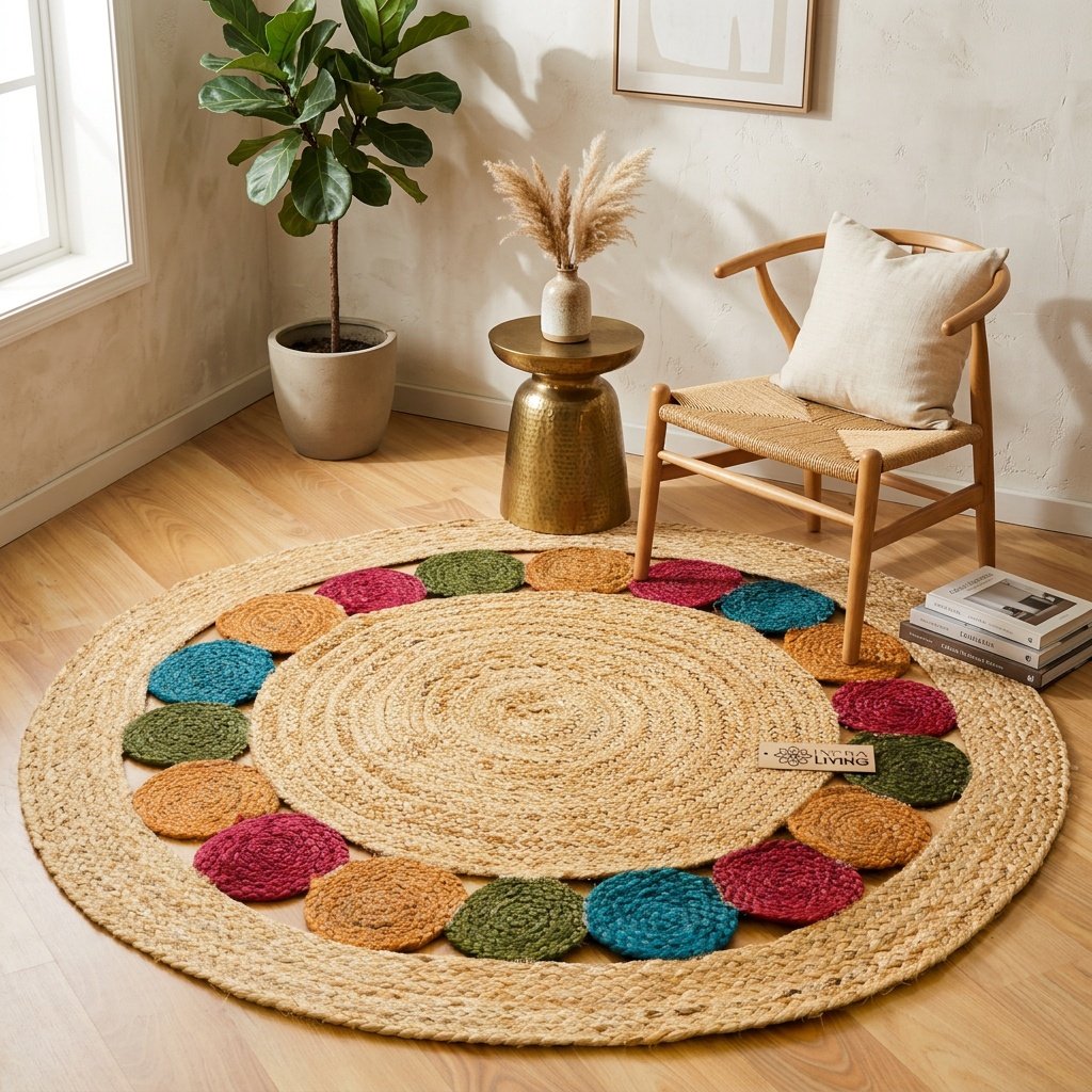 Okrągły jutowy dywan z kolorowym medalionem Round coloured medallion jute rug