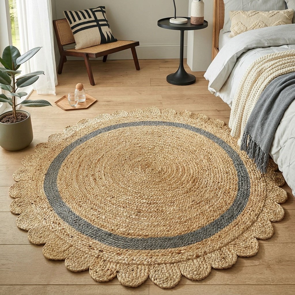 Okrągły dywanik jutowy z szarym wykończeniem Scalloped round jute rug with grey trim