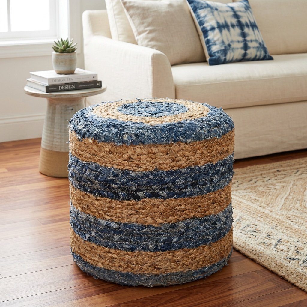 Pufa z juty w paski Striped denim jute pouf ottoman