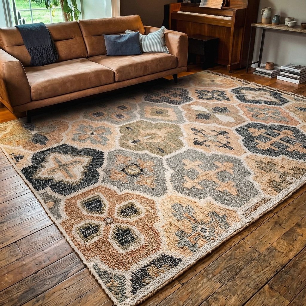 Dywan z bawełny i juty w brązową kratę Tan trellis pattern cotton and jute rug