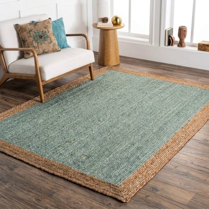 Turquoise jute rug with natural border