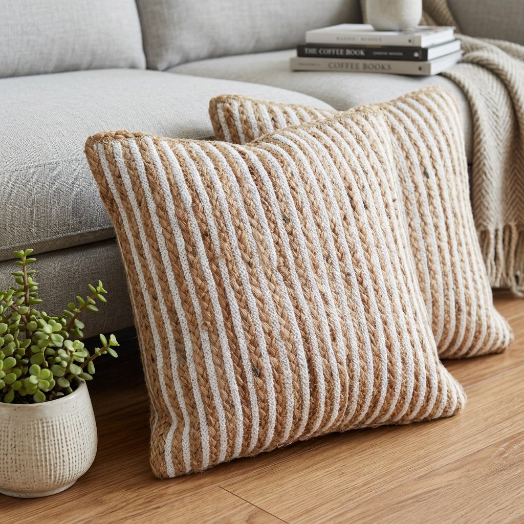 Zestaw poduszek z plecionej bawełny i juty w kolorze białym i naturalnym White and natural braided cotton jute pillows set