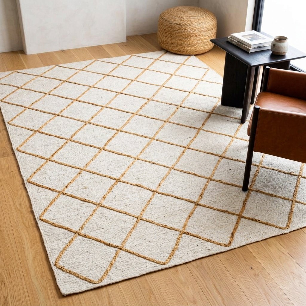 Biały jutowy dywanik z teksturą naturalnego diamentu White braide jute rug with textured natural diamond