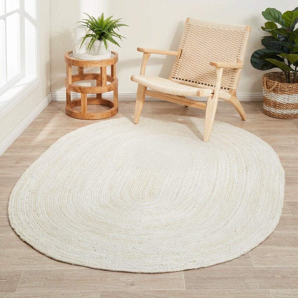 Biały pleciony dywan jutowy owalny White braided jute rug oval