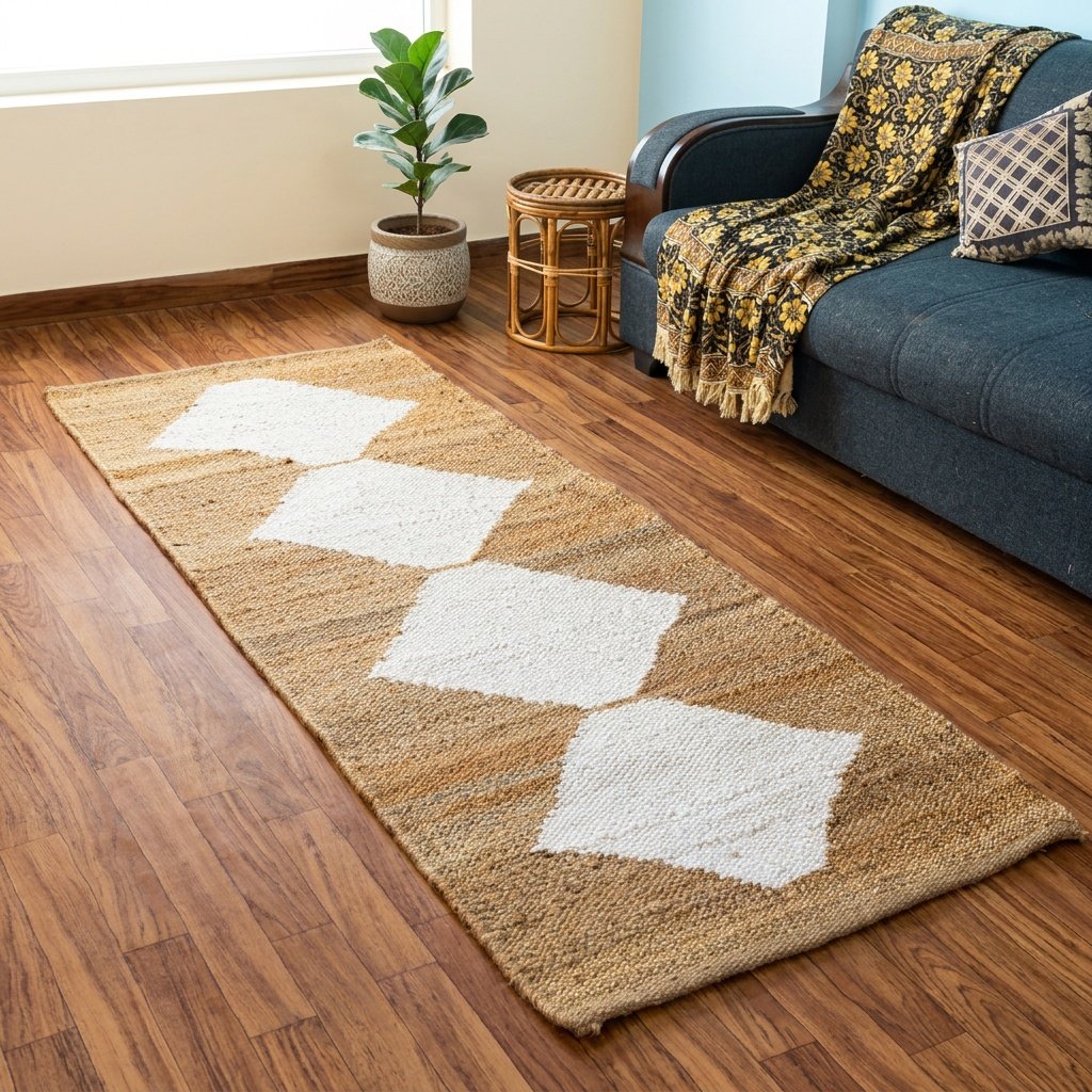 Dywan z juty konopnej w białe romby White diamond hemp jute rug