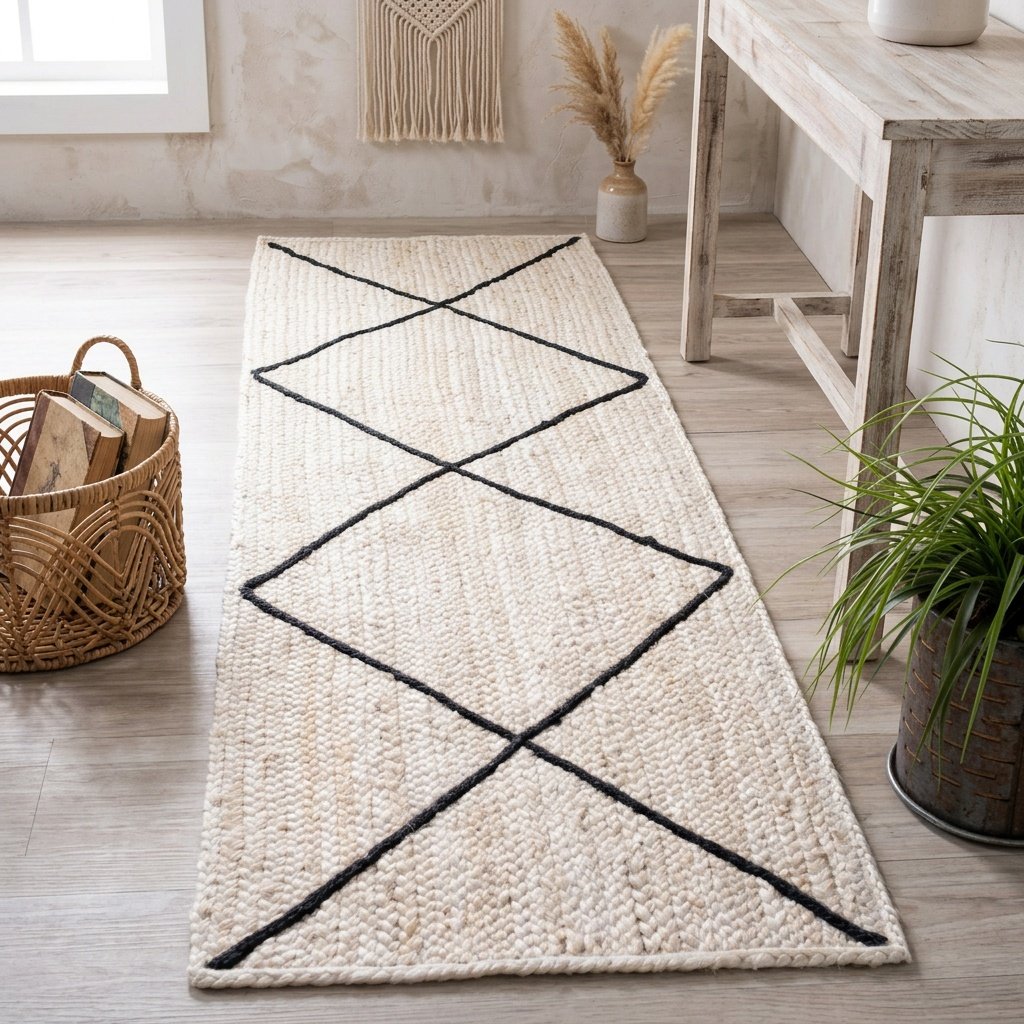 Dywan z białej juty z teksturą w czarne romby White jute rug with textured black diamond
