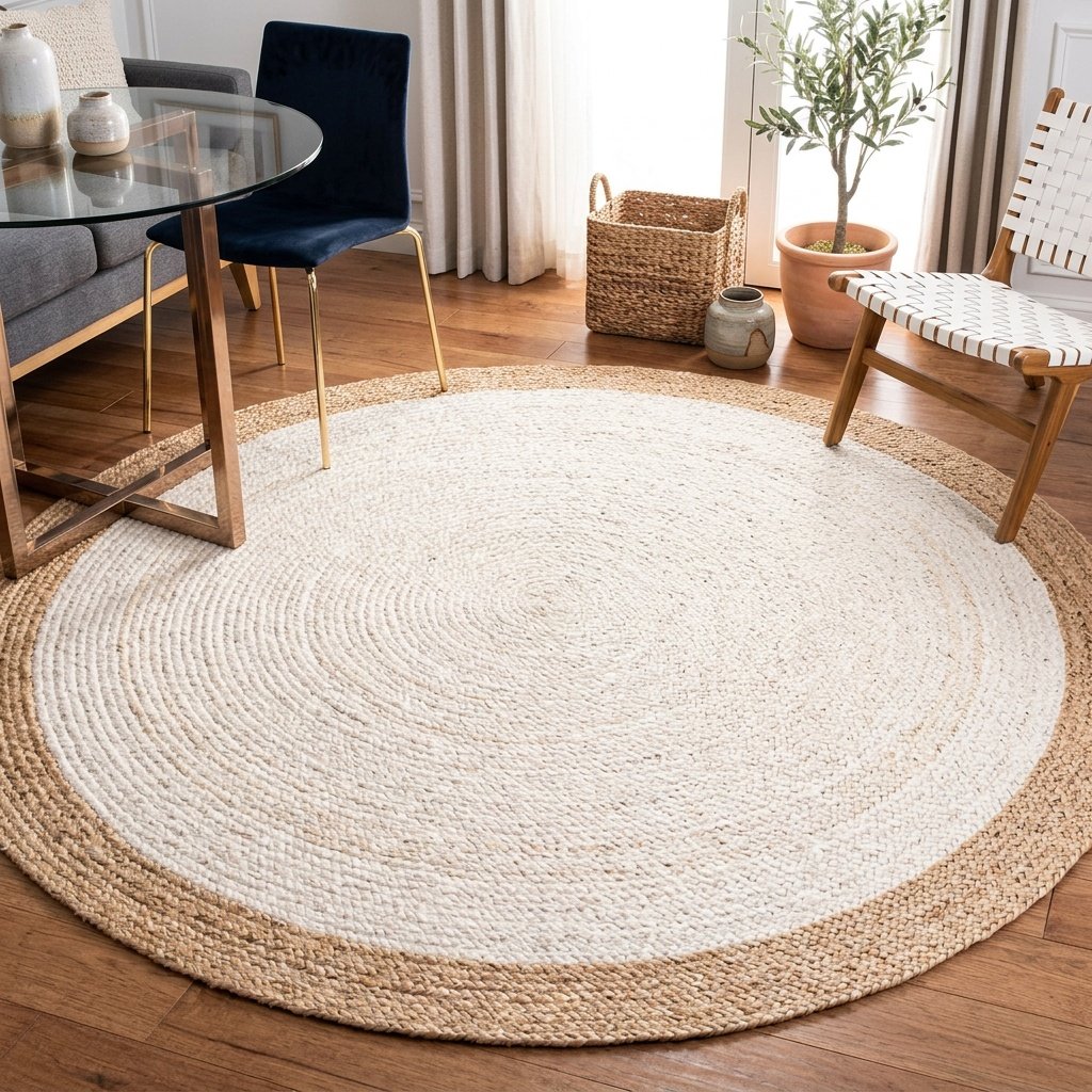 Biały okrągły dywan jutowy z beżową obwódką White round jute rug with beige border