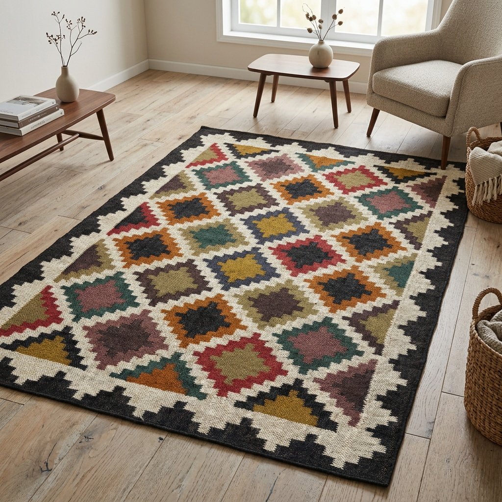 Dywan kilim z wełnianej juty z wzorem w romby Wool jute kilim rug with diamond pattern