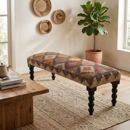 Multicolor diamond wool and jute ottoman bench