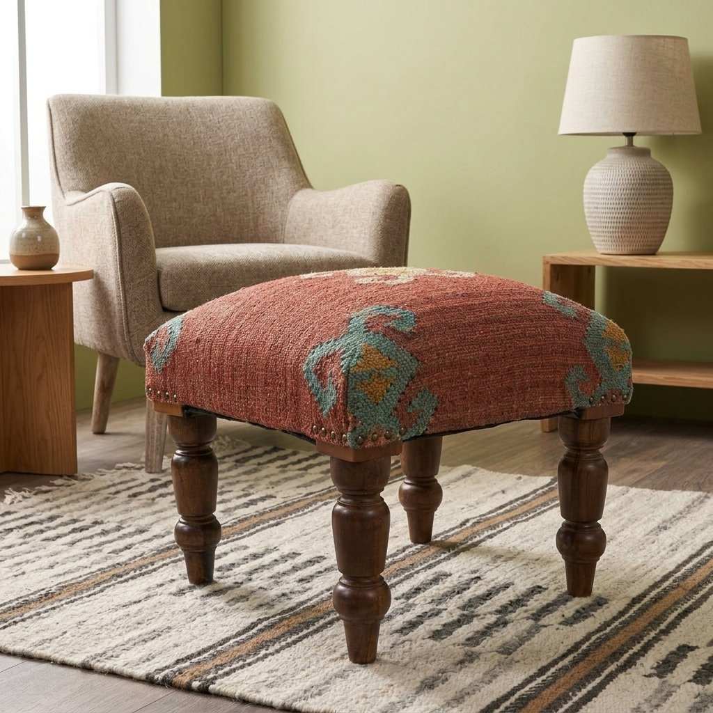 Stołek otomana z czerwonej juty Navajo Navajo red jute ottoman stool