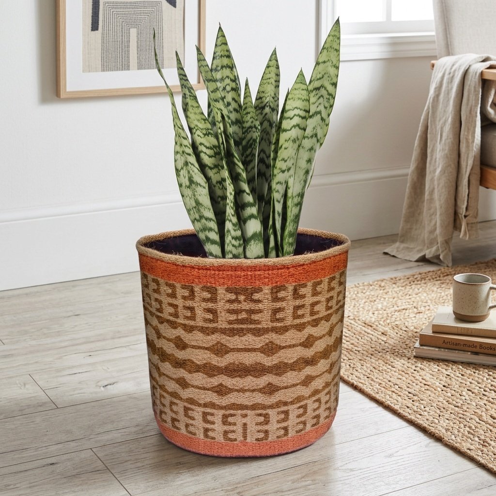 Okrągły kosz z juty kilim z pomarańczową obwódką Orange border kilim jute round basket