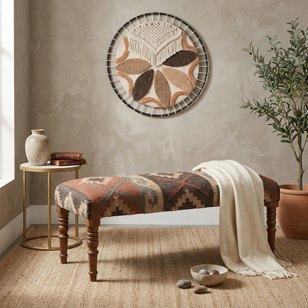 Orientalna ława z kilimem z wełny i juty Oriental wool and jute kilim ottoman bench