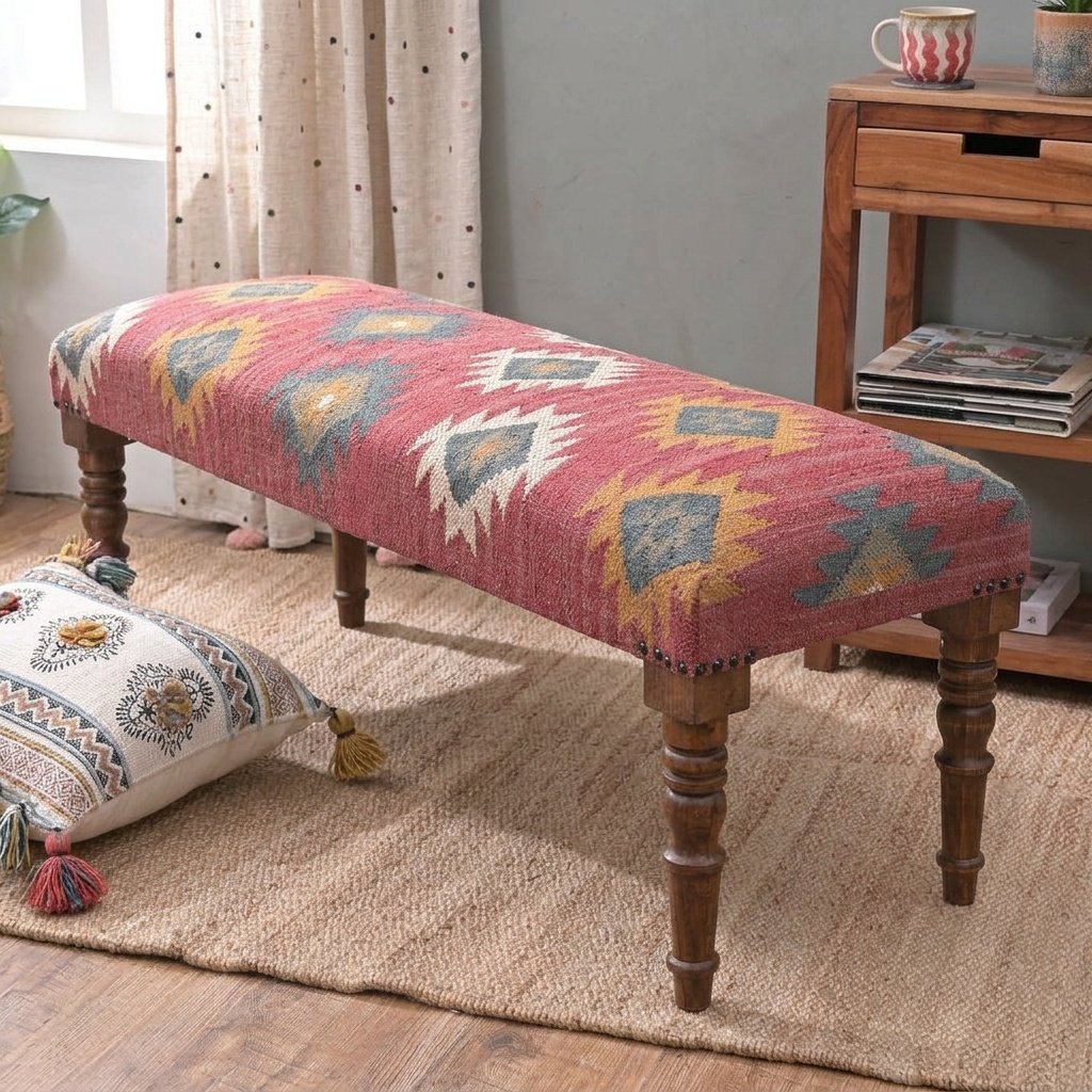 Czerwona otomana z wełny navajo i kilimu z juty Red navajo wool and jute kilim ottoman bench
